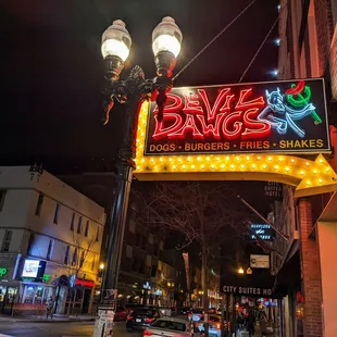 Exterior sign and Belmont at night