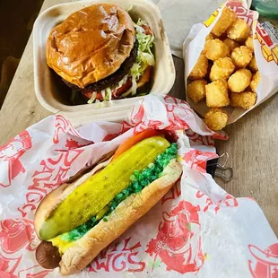 Vegan Chicago Dog, Very Veggie Burger, &amp; Bag &quot;O&quot; Tots