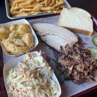 Beef Fat Fries w/queso, Coleslaw, Brisket, Smoked Turkey, Mac and Cheese