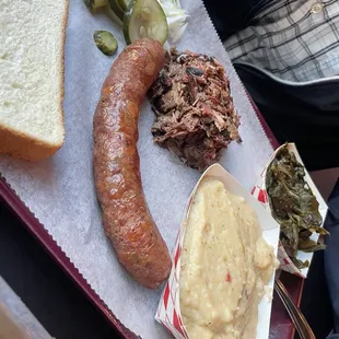 Sausage, Brisket, Pimento Grits, Collard Greens