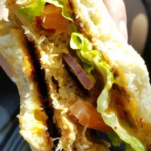 All Crab-Crab Cake (REAL crab, romaine lettuce, tomato, red onion &amp; house spicy aioli on toasted  sourdough english muffin) $10.75 10/04/17