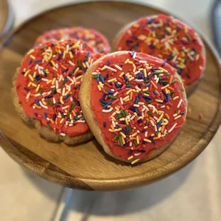 Freshly made frosted cookies.