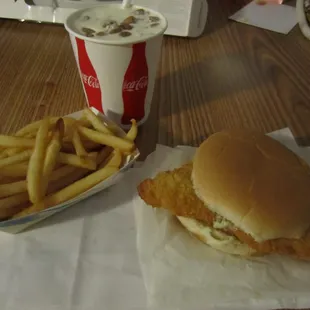a chicken sandwich and french fries
