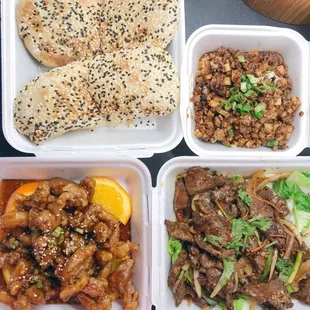 Ground Pork &amp; Tofu with Sesame Bread (top), Spicy Mongolian Beef, Orange Chicken
