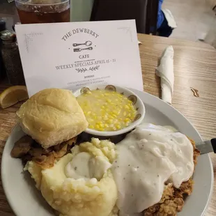 Special of the day: Chicken Fried steak, Mashed potatoes, sautéed cabbage and cream corn and a roll!