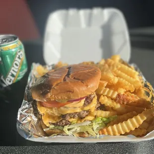 Double Dex - Double Patty Burger comes with lettuce, tomatoes, onions, pickles. Cheese is optional. Combo includes drink