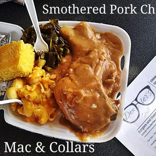 First Soulfood Wednesday Smothered Pork Chop&apos;s Mac n Collards OMG fantastic, follow the Facebook page