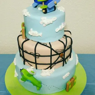 This mommy to-be wanted to include her husband's job as a pilot into her babyshower's theme so she went with a traveling themed cake