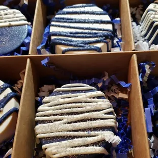 a box of decorated cookies