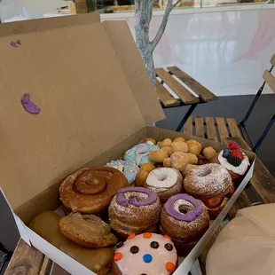 ube/strawberry/fruit/coffee cronuts, m&amp;m donut, maple bar, old fashioned maple, mermaid donut, bear donut, donut holes