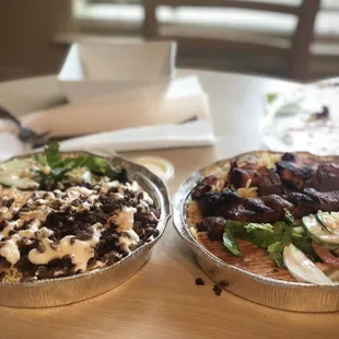 Beef shawarma on the left and the mixed grill platter with chicken, beef, and lamb on the right.