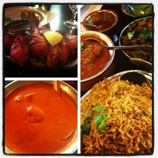Tandoori chicken, butter chicken, lamb curry, chicken biryani, samosas, bhindi masala and lots of garlic naan.