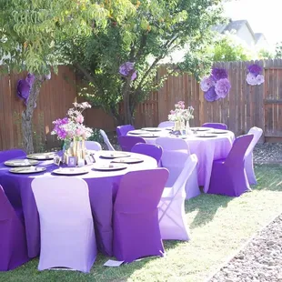 The tables and chairs I rented. I got the regular spandex chair covers and they fit perfect.