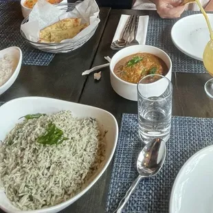 Herb Rice (V), Garlic Naan, Chicken Chettinad (GF), Mango Lassi, Butter Chicken (GF)butter