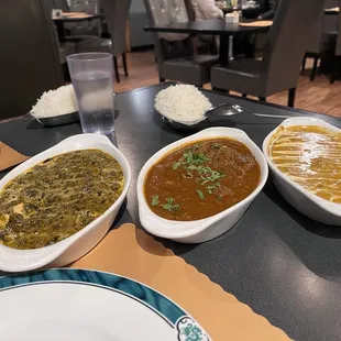 palak paneer, lamb vindaloo &amp; Chicken Tikka Masala