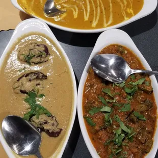 Shahi Paneer (top), Guthi Vankaya (left), Bhindi Pulusu (right)