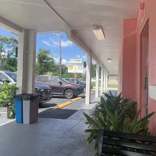 Outside from seating. Sign easy to find from the road.