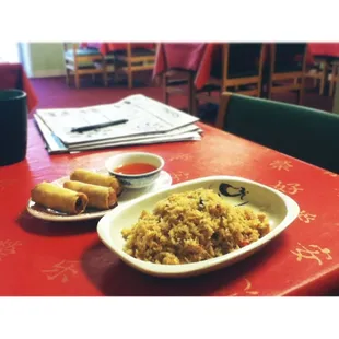Spicy Fried Rice with chicken and some of Dhing's famous egg rolls. (portion is smaller than normal in this photo)