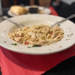 Carbonara with bacon encrusted chicken of the freaking gods. Also that&apos;s half finished; and I&apos;m 6ft4 275lbs of eat a lot.
