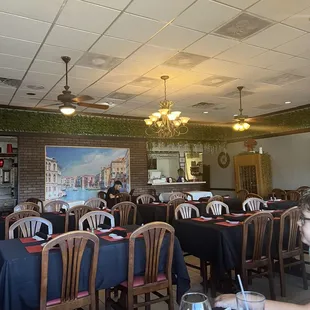 a dining room with tables and chairs