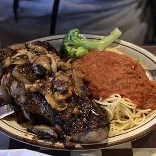 New York steak with spaghetti.