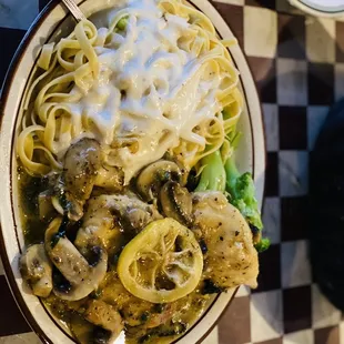 Chicken Piccata with Alfredo fettuccini.