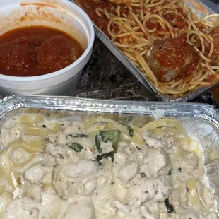 Chicken Fettuccine Alfredo (added meatball) and Combination Plate