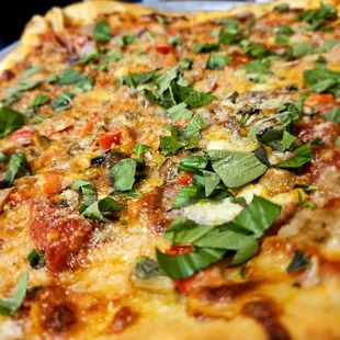 Di Fara Special Pie- 8 slices, sausage, peppers, mushrooms and onion. $35 or so. Tasty crust. A bit salty for toppings as expected