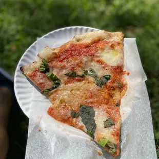 a slice of pizza on a paper plate