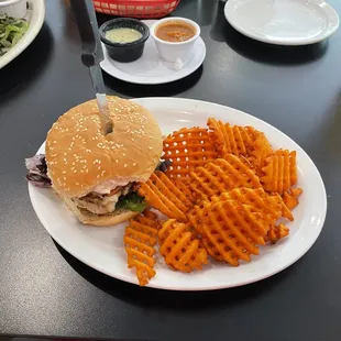 Chicken Burger w/ Bacon and Sweet Potato Chips (They forgot my bacon, but it&apos;s fine)  $13.99