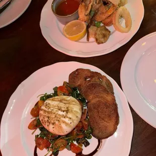 Burrata Caprese Salad and Fried Calamari and Shrimp