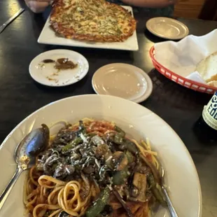 8&quot; cheese pizza with Jalapeños and green chiles and pasta giardino with spaghetti sauce with green salad.