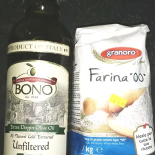 Two staples! Our holistic nutritionist told us to get UNFILTERED olive oil (check), + flour imported from Italy (check) for WAY less gluten.