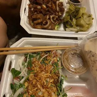 Deep fried pork intestines, rawr beef salad