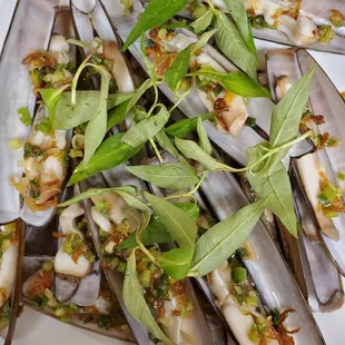 Razorclams saute green onions! Seasonal