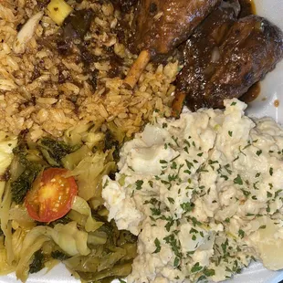 Large Jerk Chicken Meal with Rice n Peas Steamed Cabbage n Kale and Potato Salad