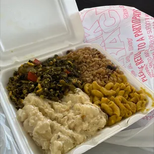 Cali-Ackee, Rice &amp; Peas, Potato Salad &amp; Mac &amp; Cheese (I split my portions on ten last two items).