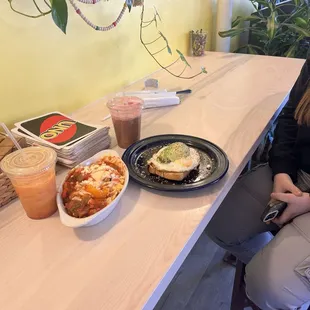 Mango Guava THC ,Choco Covered Stawberry cold brew, huevos rancheros, avocado toast