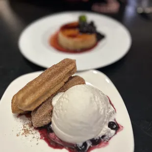 Churro ice cream and flan