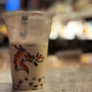 My milk tea boba from Kung Fu Tea while waiting for our food
