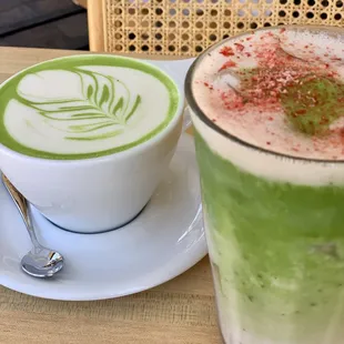 Hot matcha with soy, iced strawberry oat milk matcha