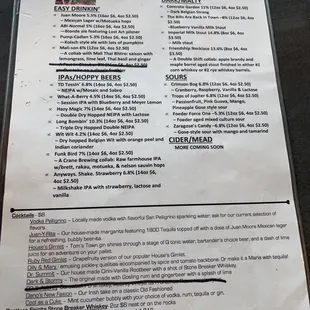 Beer menu as of oct 2021