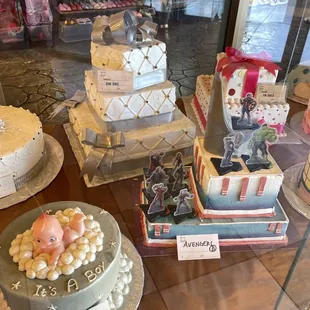 a variety of cakes on display