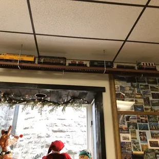 Model train traveling the track.