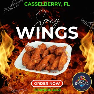 try our spicy wings, hot wings,  buffalo wings, and many different sauces
