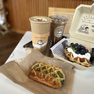 Spinach &amp; Feta, Blueberry Croffle, Brown Sugar Cinnamon (Hot), and Kona Mocha