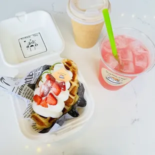 Strawberry and cream cheese croffle, pink lemonade, zebra mocha