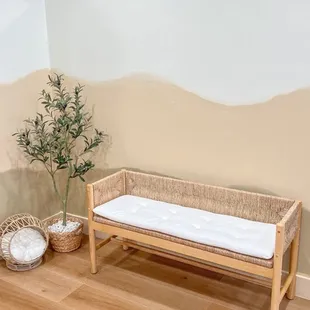  a room with a couch and a potted plant