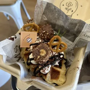  a basket of waffles and pretzels