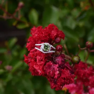 This is a beautiful green diamond set in white gold.